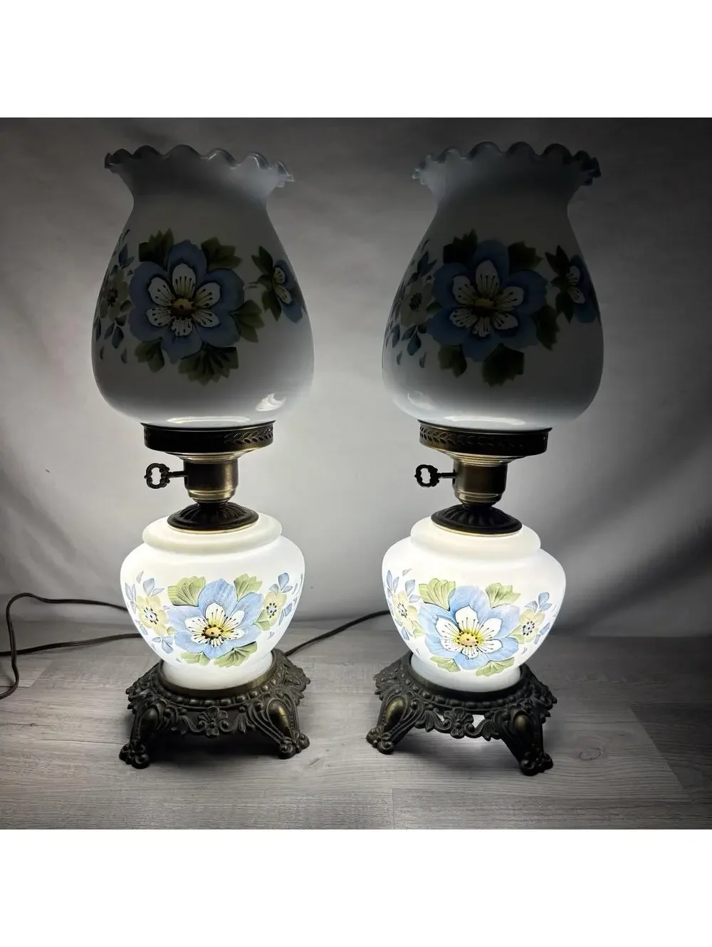 Vintage Pair of Blue Floral Milk Glass Table Lamps